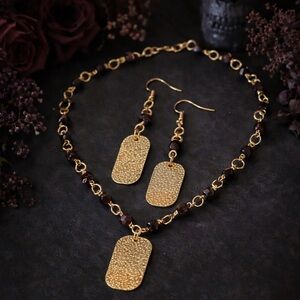 Handmade Garnet Necklace & Earrings Set Hammered Gold Pendant